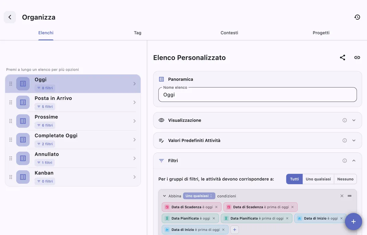 Liste personalizzate di TaskForge su macOS con viste filtrate delle attività di Obsidian senza query Dataview