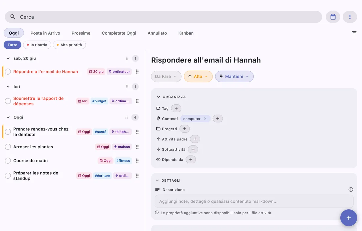 Interfaccia gestione attività TaskForge Mac che mostra editing attività avanzato, supporto markdown e scorciatoie da tastiera per power user