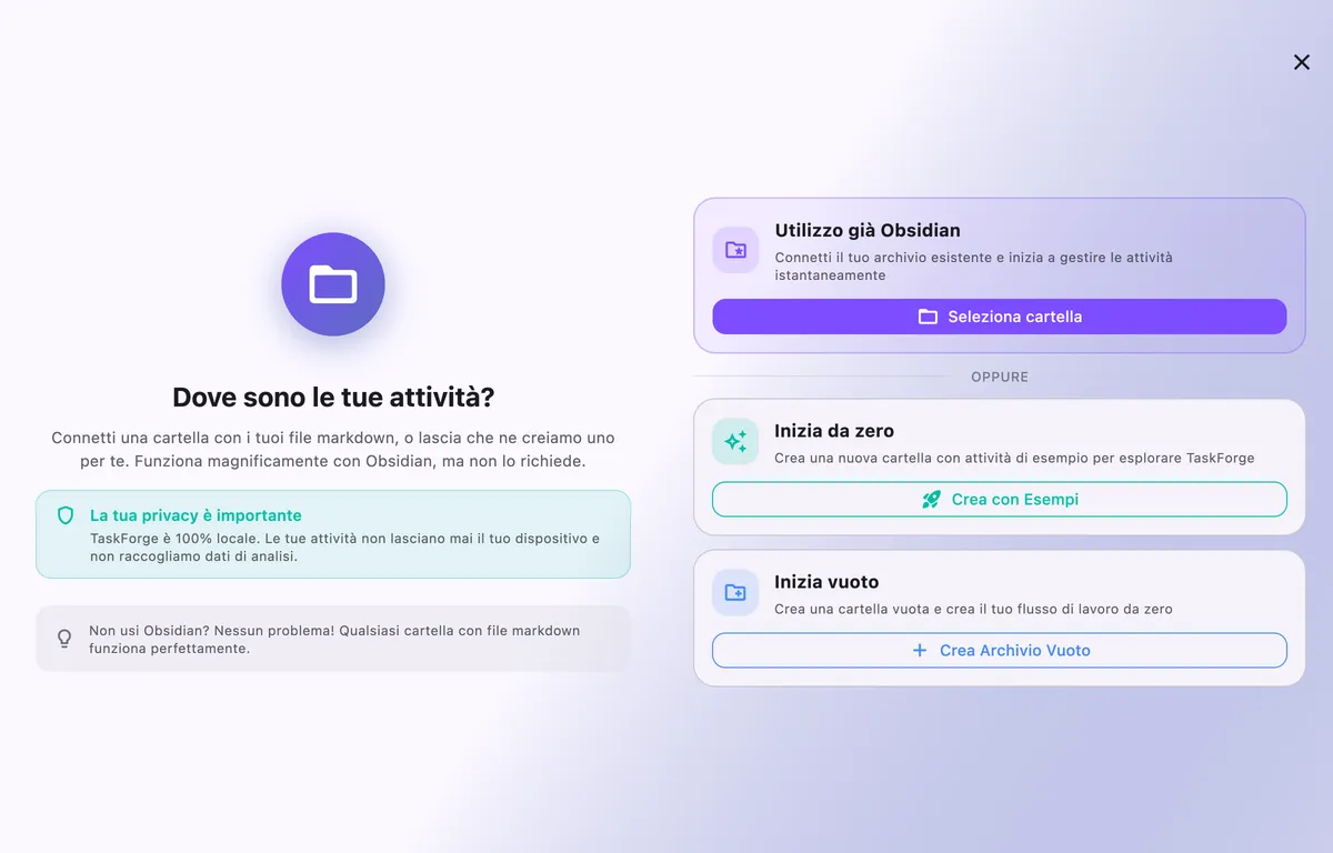 Configurazione vault TaskForge Mac che mostra integrazione Obsidian senza interruzioni e accesso file system per flussi di lavoro desktop