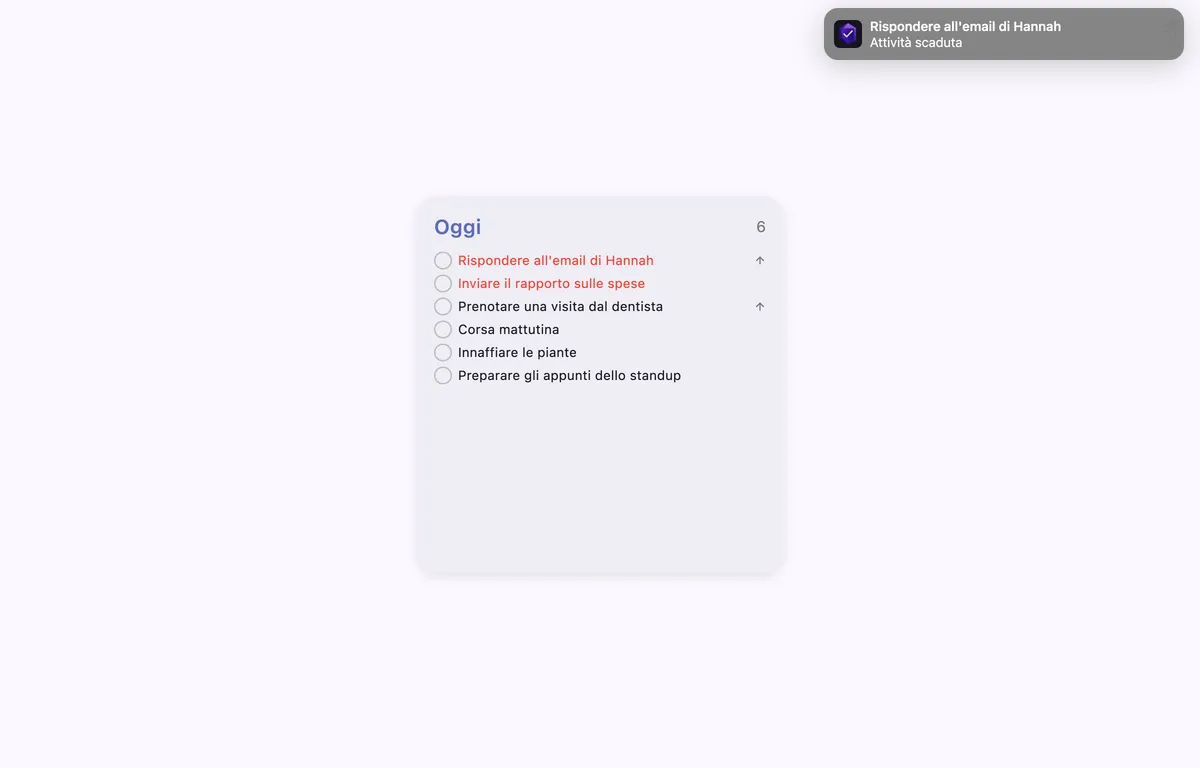 Widget desktop e notifiche TaskForge Mac che mostrano gestione attività interattiva con avvisi intelligenti integrati con sistema notifiche macOS