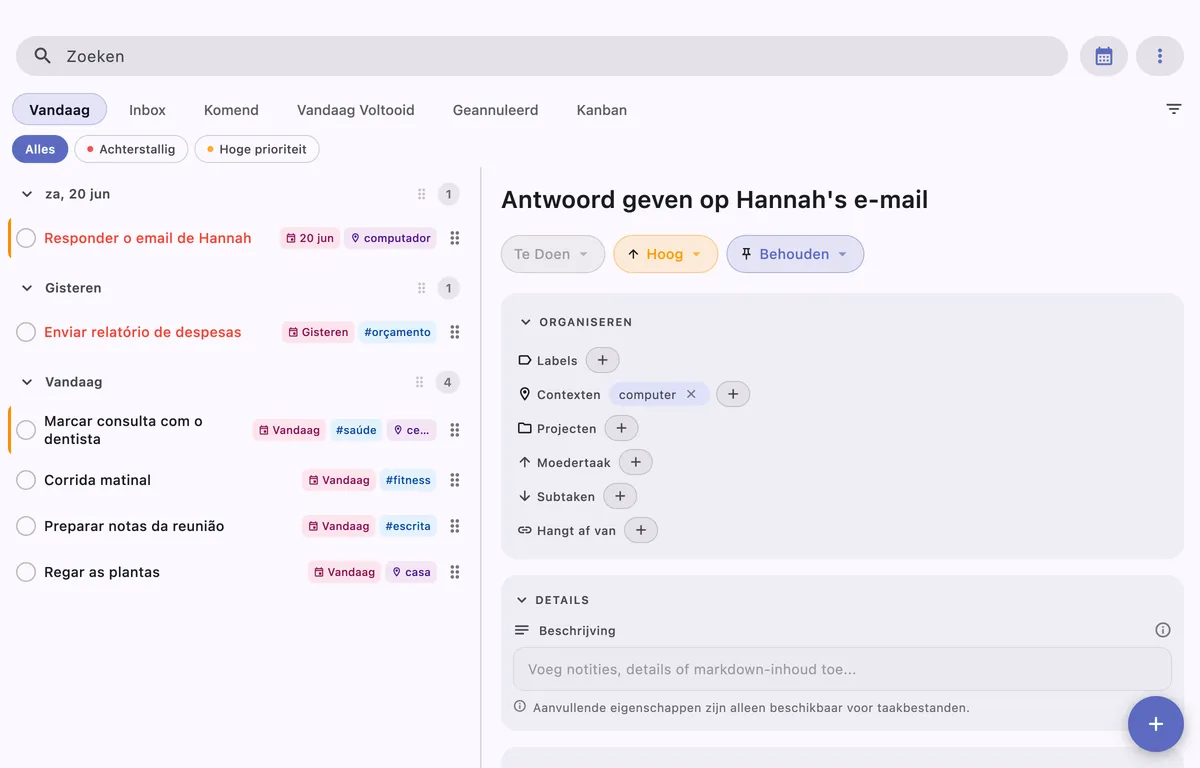TaskForge met taken in een Obsidian-kluis die een AI-agent heeft toegevoegd door een markdown-bestand te bewerken