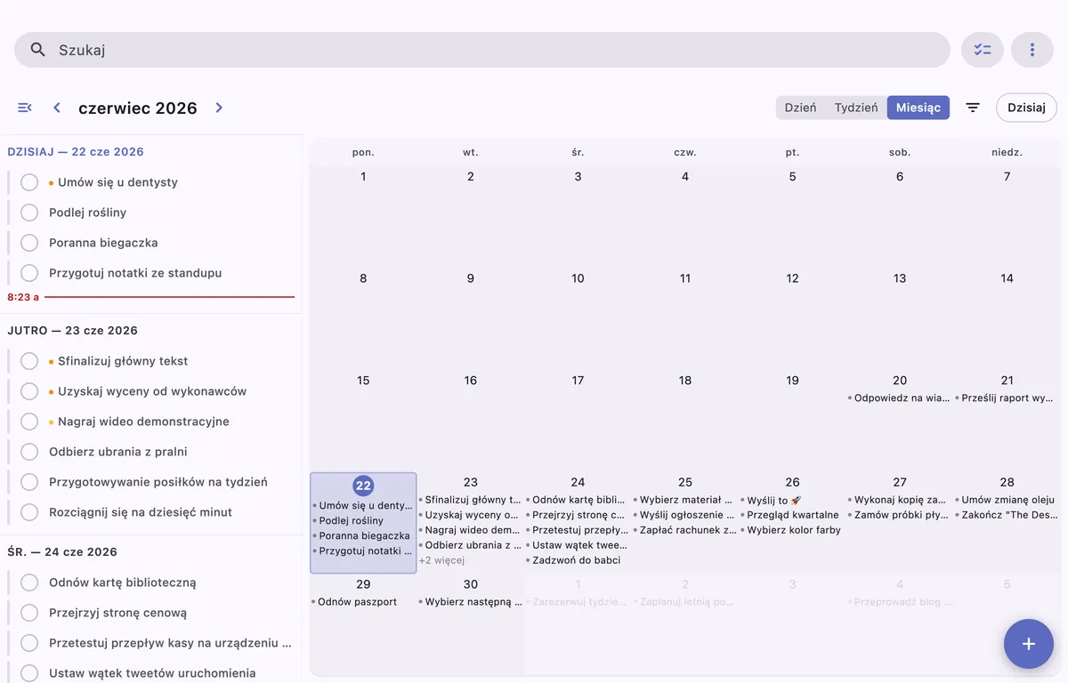 Zadania cykliczne w TaskForge dla Obsidian pokazane na kolejnych datach w kalendarzu