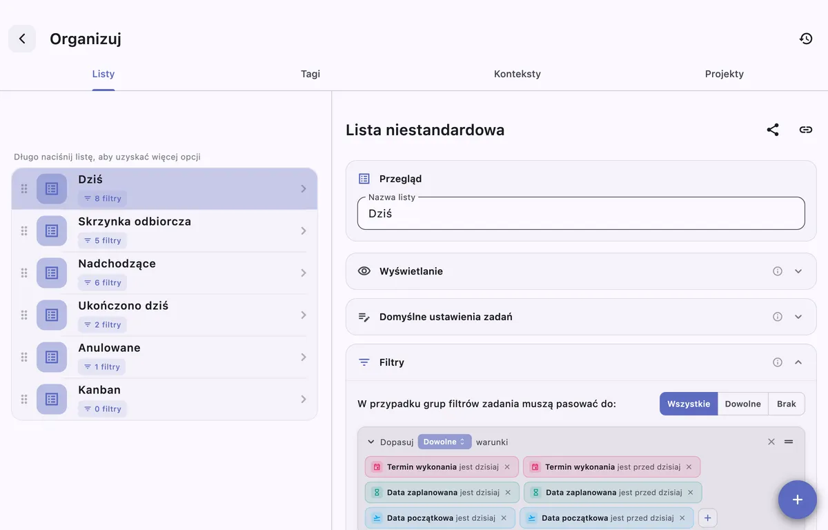 TaskForge z niestandardowymi listami na macOS pokazującymi filtrowane widoki zadań Obsidian bez pisania zapytań Dataview