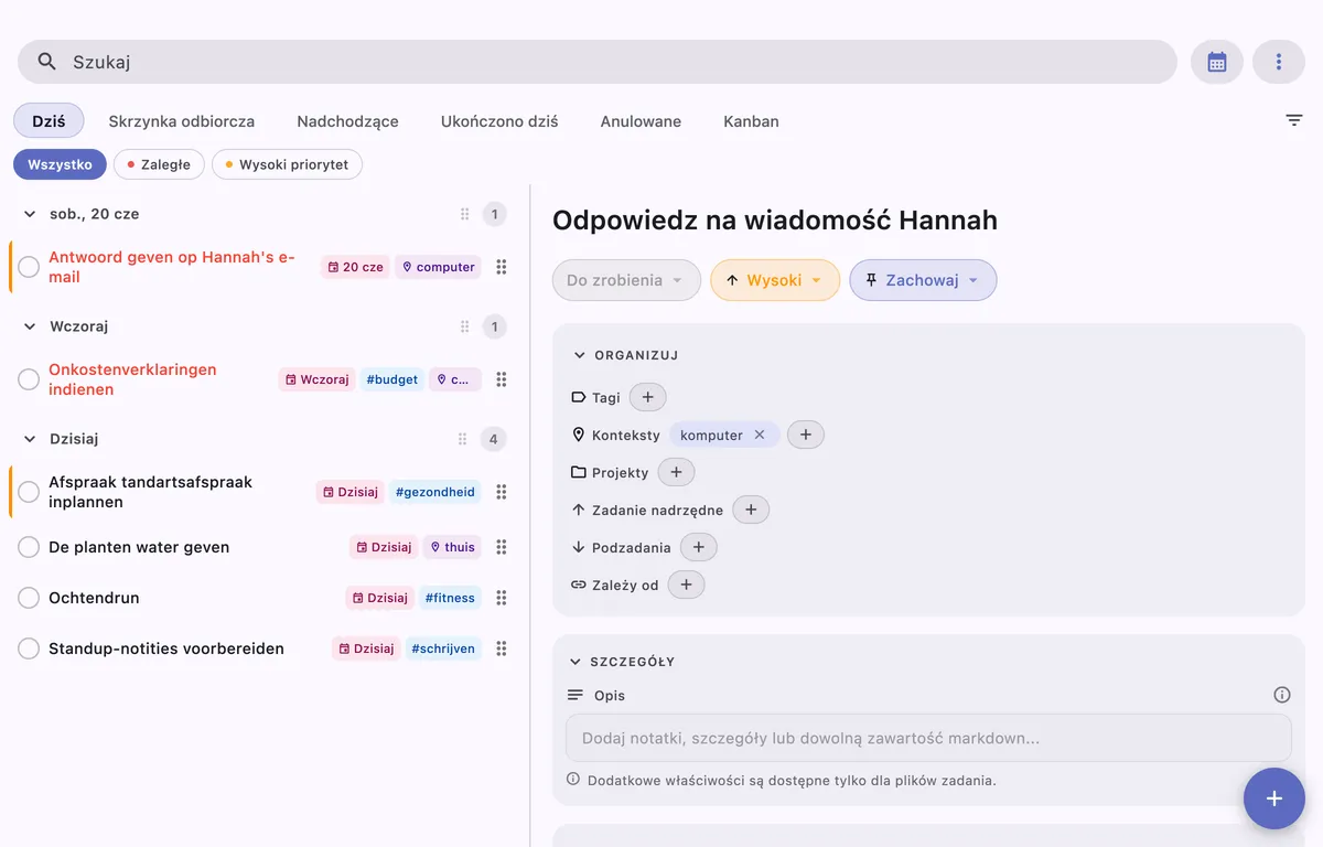 Interfejs zarządzania zadaniami TaskForge z wydarzeniami kalendarzowymi i integracją Obsidian
