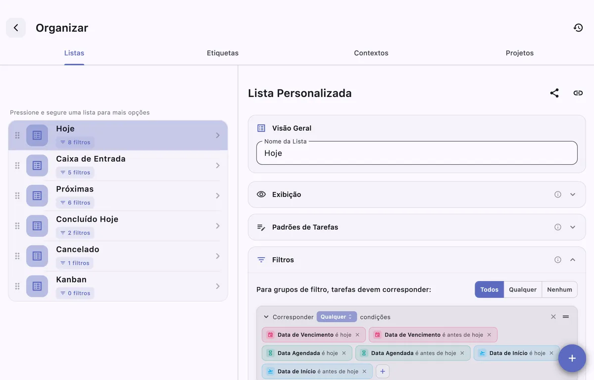 Listas personalizadas do TaskForge no macOS mostrando visões filtradas de tarefas do Obsidian sem escrever queries Dataview