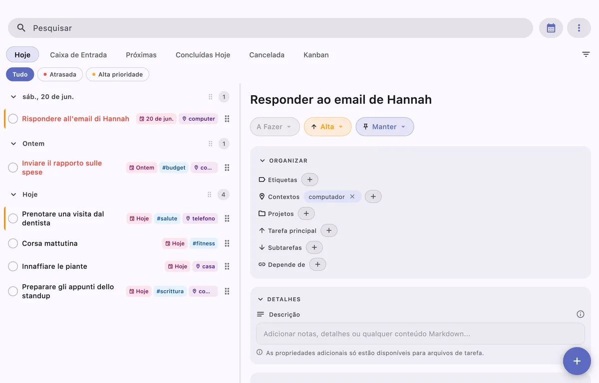 Interface de gerenciamento de tarefas TaskForge Mac mostrando edição avançada de tarefas, suporte a markdown e atalhos de teclado para usuários avançados