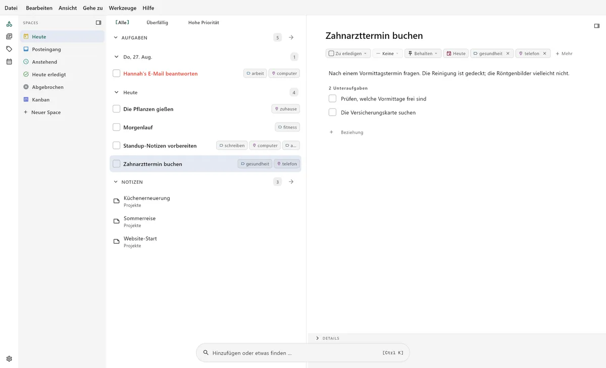 TaskForge Desktop-Hauptoberfläche mit Obsidian-Aufgabenverwaltung mit nativem Design und Desktop-Optimierung