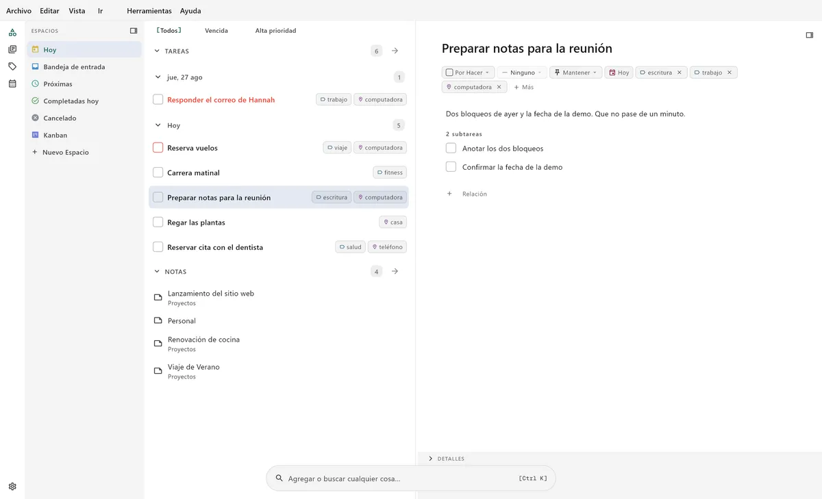 Interfaz de gestión de tareas de TaskForge para escritorio mostrando edición avanzada de tareas, soporte de markdown y atajos de teclado para usuarios avanzados