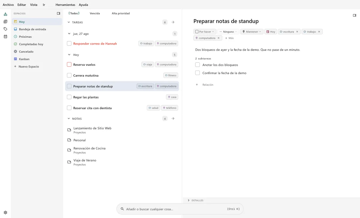 Interfaz de gestión de tareas de TaskForge en escritorio mostrando edición avanzada de tareas, compatibilidad con markdown y atajos de teclado para usuarios avanzados