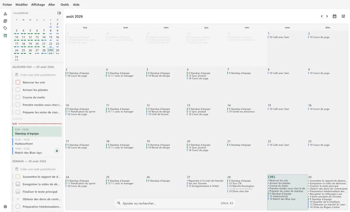 Vue calendrier bureau de TaskForge montrant la planification de tâches, la gestion des dates d’échéance et l’intégration calendrier pour une planification complète