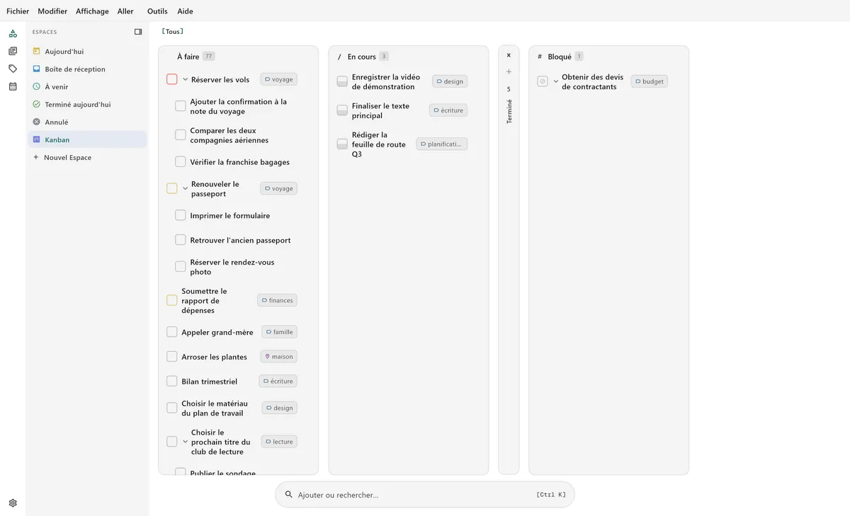 Vue tableau kanban bureau de TaskForge montrant l’organisation visuelle des tâches optimisée pour les flux de travail bureau et la gestion de projet