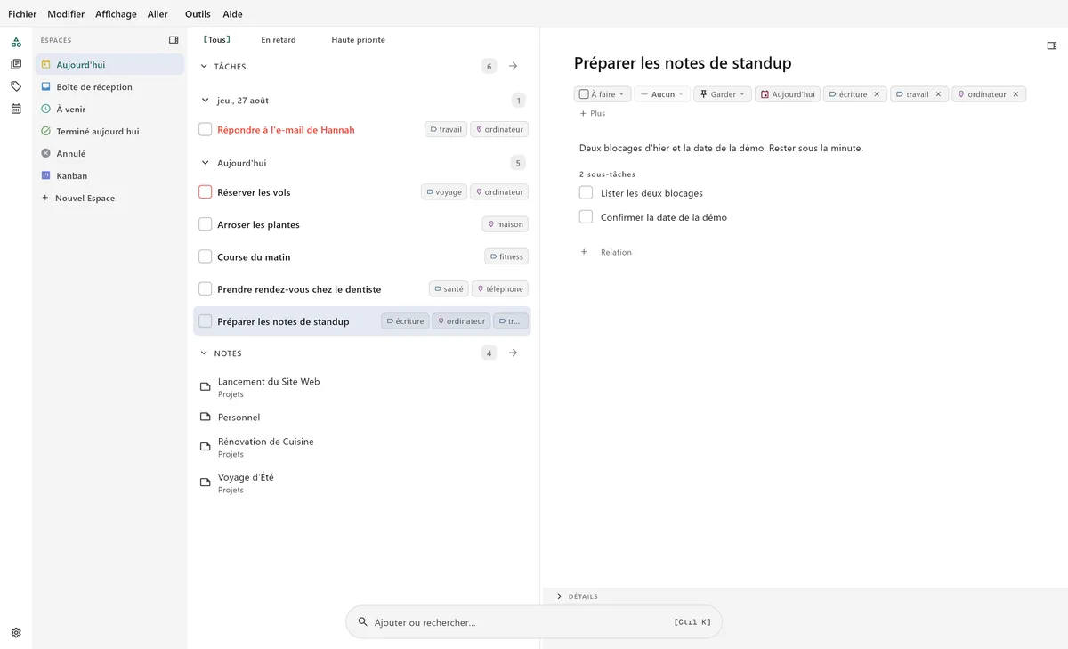 Interface de gestion de tâches de TaskForge sur ordinateur montrant l’édition avancée de tâches, la prise en charge du Markdown et les raccourcis clavier pour utilisateurs avancés