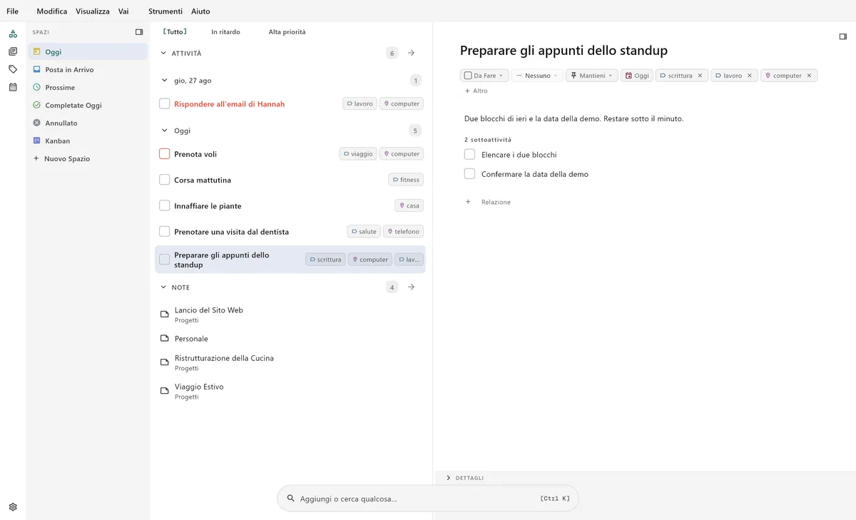 Interfaccia di gestione attività TaskForge desktop che mostra editing avanzato delle attività, supporto markdown e scorciatoie da tastiera per power user