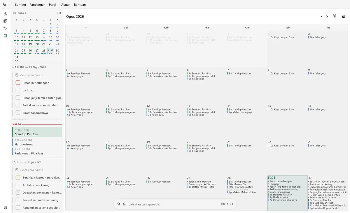 Paparan kalendar desktop TaskForge menunjukkan penjadualan tugas, pengurusan tarikh akhir, dan integrasi kalendar untuk perancangan komprehensif