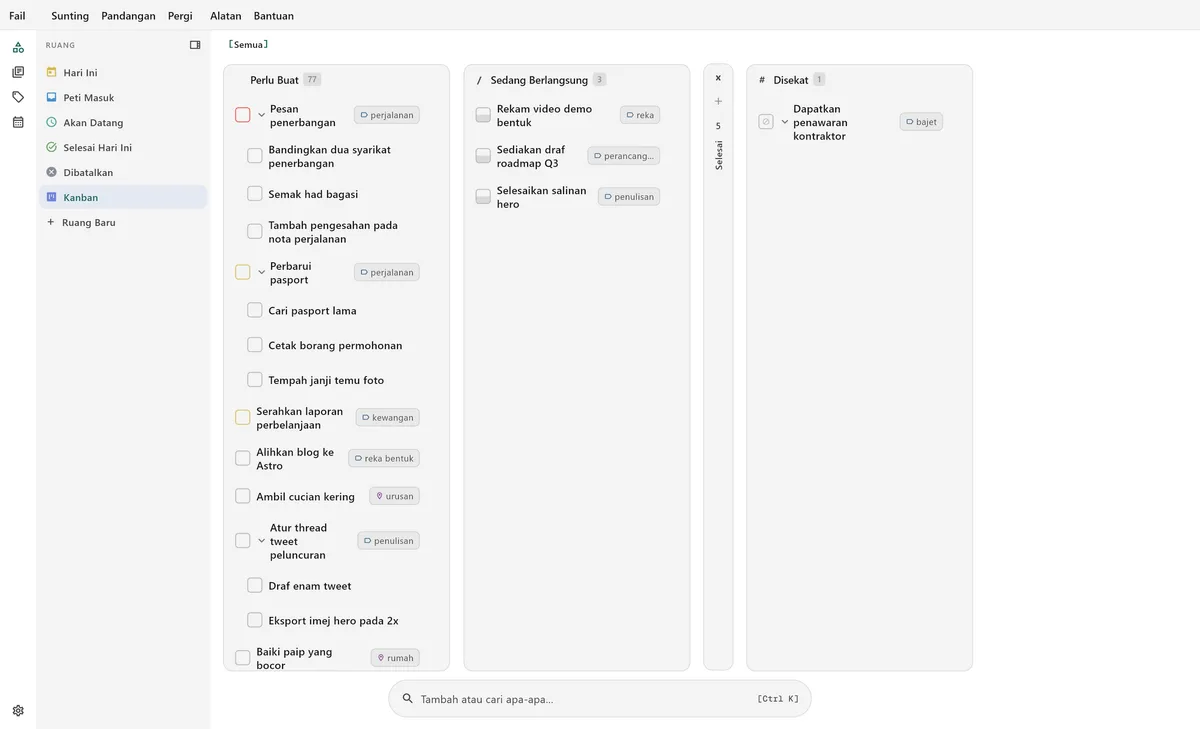 Paparan papan kanban desktop TaskForge menunjukkan organisasi tugas visual yang dioptimumkan untuk aliran kerja desktop dan pengurusan projek