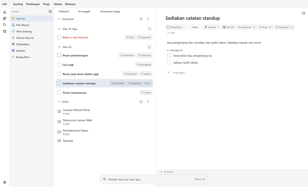 Antara muka pengurusan tugas desktop TaskForge menunjukkan penyuntingan tugas lanjutan, sokongan markdown, dan pintasan papan kekunci untuk pengguna kuasa