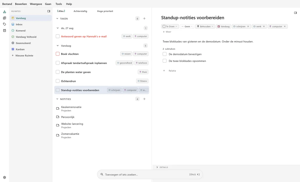 TaskForge desktop-takeninterface met geavanceerd taakbewerken, markdown ondersteuning en sneltoetsen voor gevorderde gebruikers