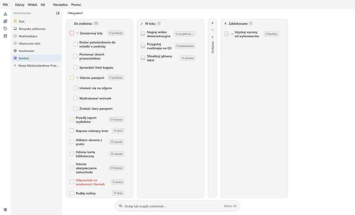 Widok tablicy kanban TaskForge pokazujący wizualną organizację zadań zoptymalizowaną pod przepływy pracy na komputerze i zarządzanie projektami