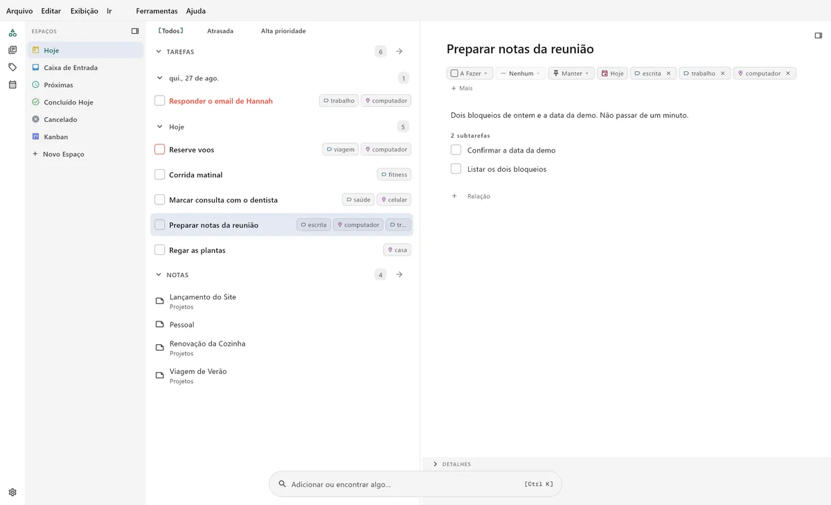 Interface de gerenciamento de tarefas do TaskForge para desktop mostrando edição avançada de tarefas, suporte a markdown e atalhos de teclado para usuários avançados