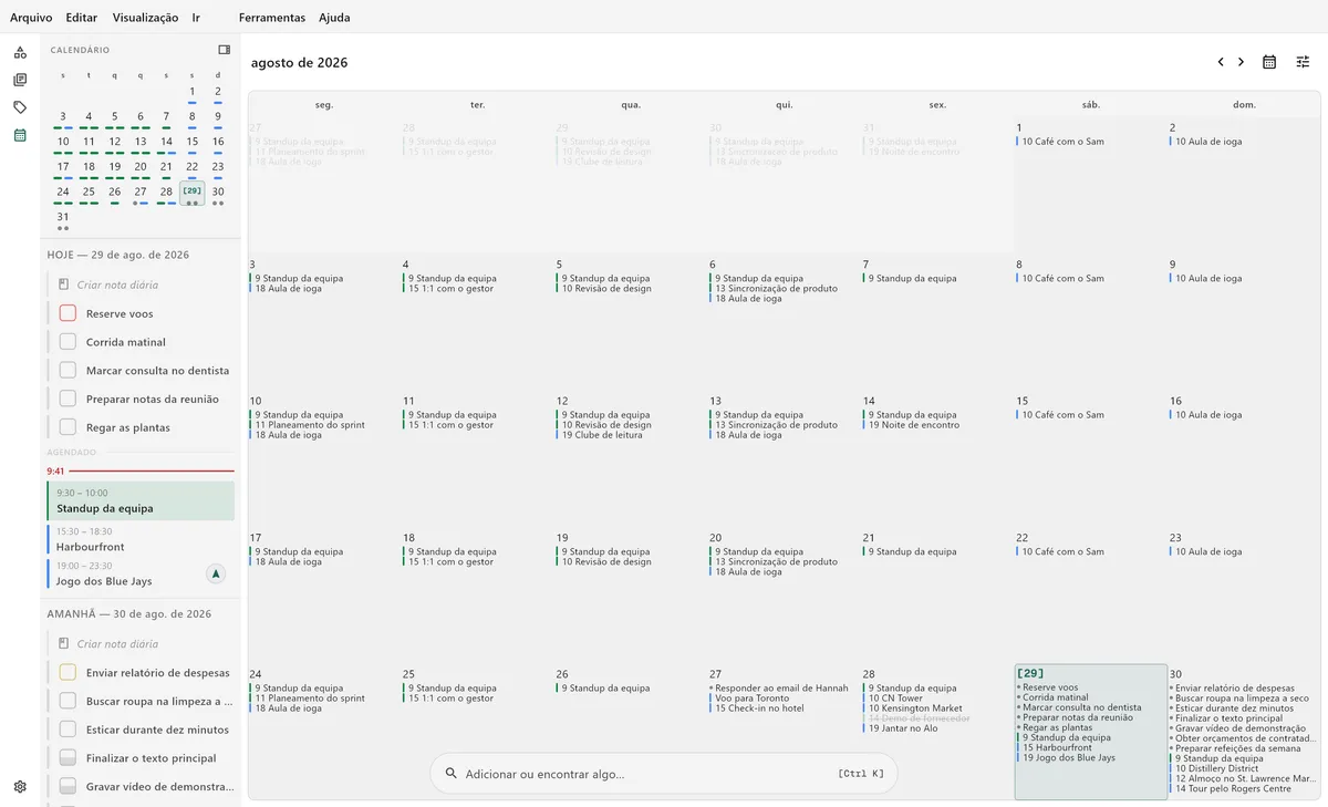 Vista de calendário do TaskForge no computador, com agendamento de tarefas, gestão de datas limite e integração de calendário para um planeamento completo