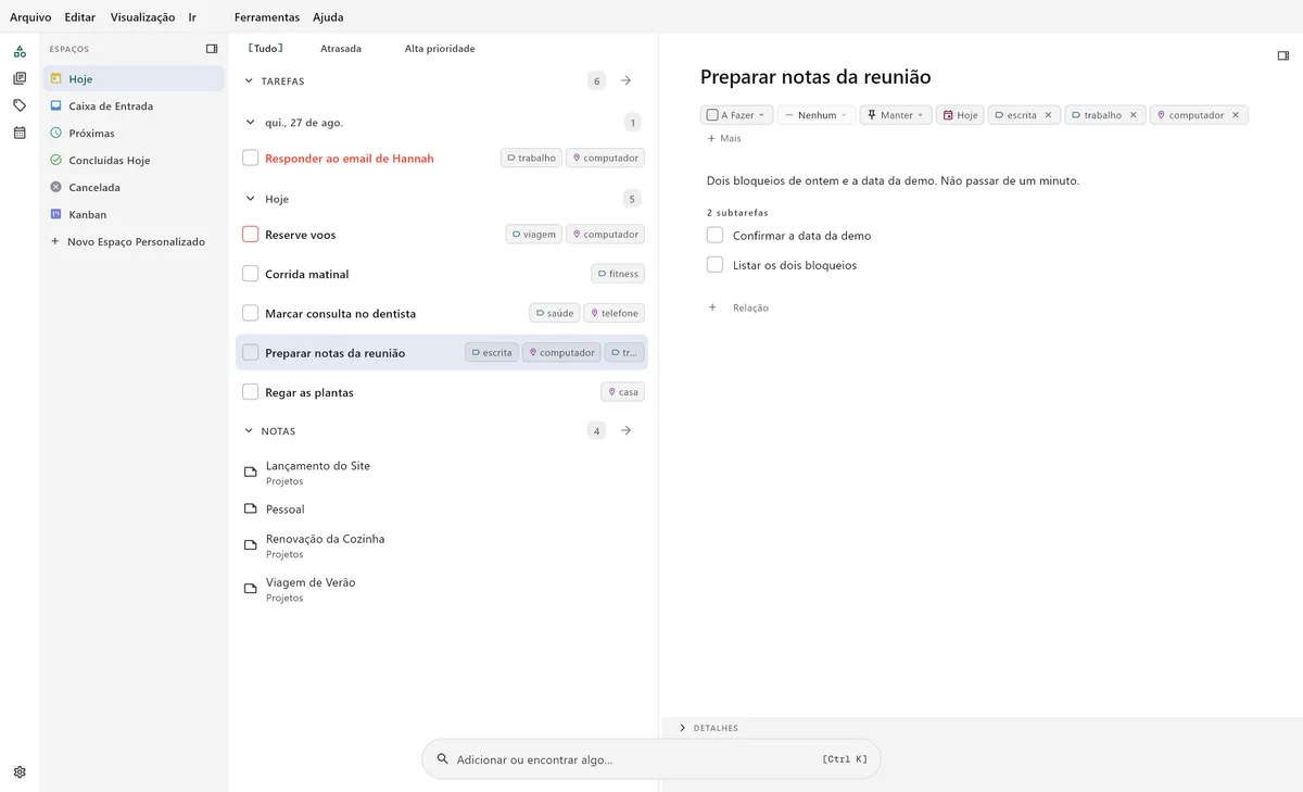 Interface de gestão de tarefas do TaskForge no computador, com edição avançada de tarefas, suporte a markdown e atalhos de teclado para utilizadores avançados